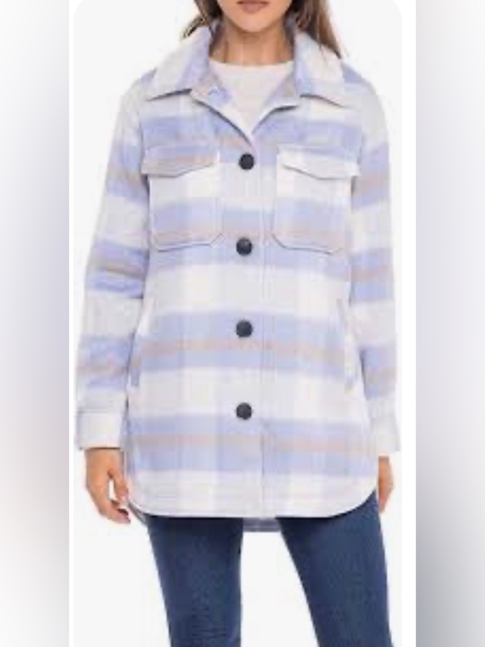 Sebby Plaid Utility Shacket in Light Blue & White
